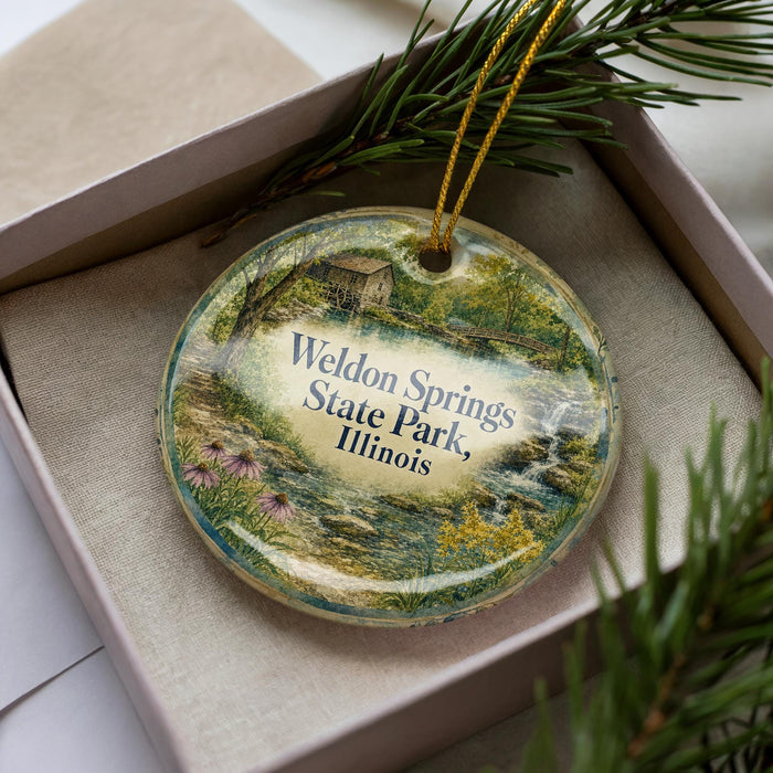A decorative ornament in a box, featuring a scenic landscape with a house, trees, and a stream.