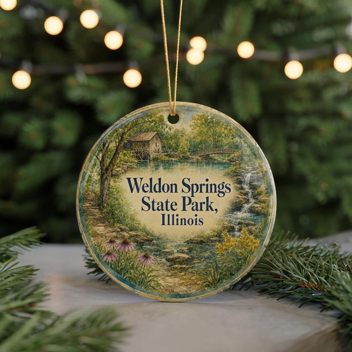 A round ornament with a painting of a scenic landscape, featuring a cabin and a stream, hangs in front of a blurred background with twinkling lights.