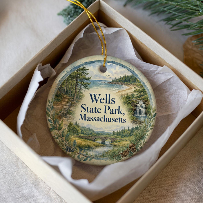 A decorative ornament in a box, featuring a scenic landscape with a lake, trees, and a waterfall.