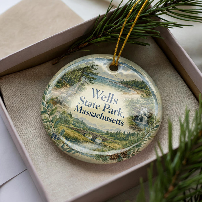 A decorative ornament in a box, featuring a scenic landscape of Wells State Park in Massachusetts.