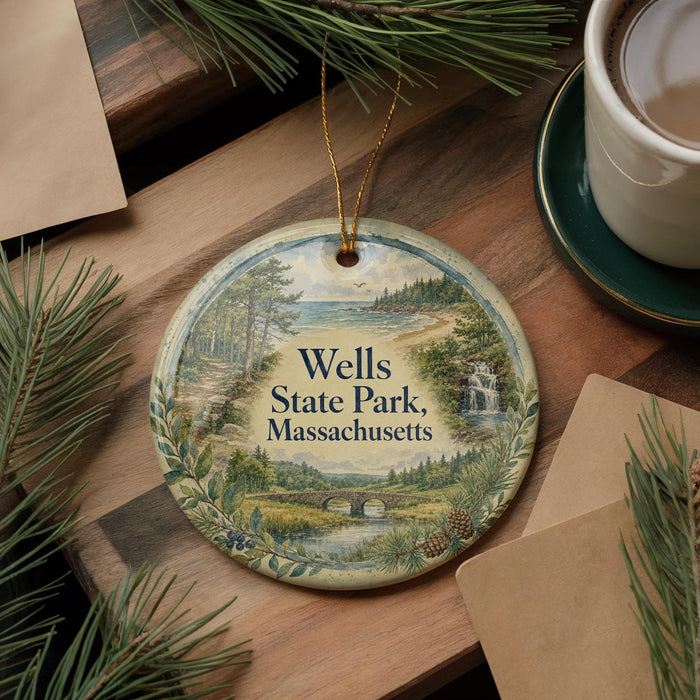 A round ornament with a scenic landscape of Wells State Park, Massachusetts, featuring pine trees, a lake, and a bridge.
