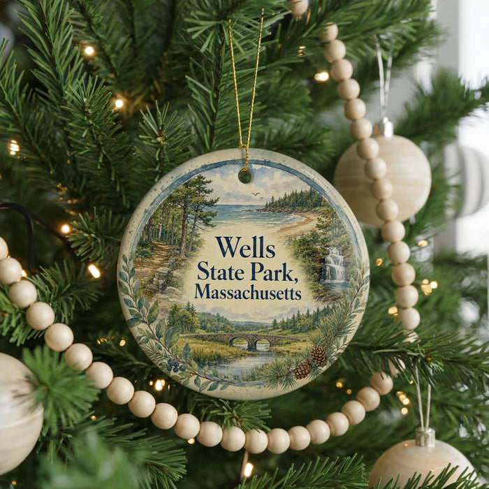 A round ornament on a Christmas tree, featuring a scenic landscape with a waterfall and pine trees, with the text "Wells State Park, Massachusetts" displayed on it.