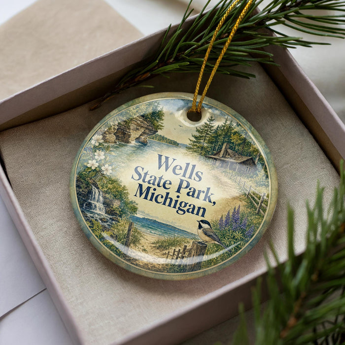 A decorative ornament in a box, featuring a scenic landscape with a bird and text that reads "Wells State Park, Michigan".