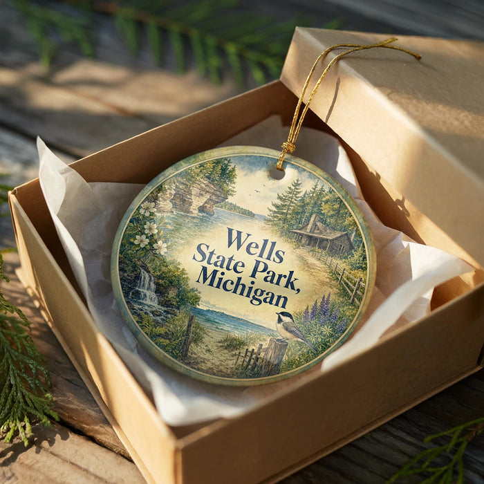 A circular ornament in a wooden box, featuring a scenic landscape with a bird and a waterfall, with the text "Wells State Park, Michigan" printed on it.