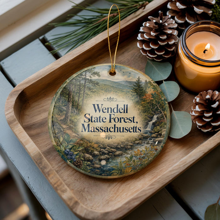 A wooden tray with a decorative ornament featuring a scenic forest landscape, pine cones, and a lit candle.