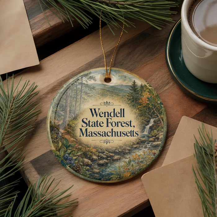 A round ornament with a scenic forest landscape, featuring pine trees, a waterfall, and mountains, is displayed on a wooden surface alongside a cup of coffee and some papers.