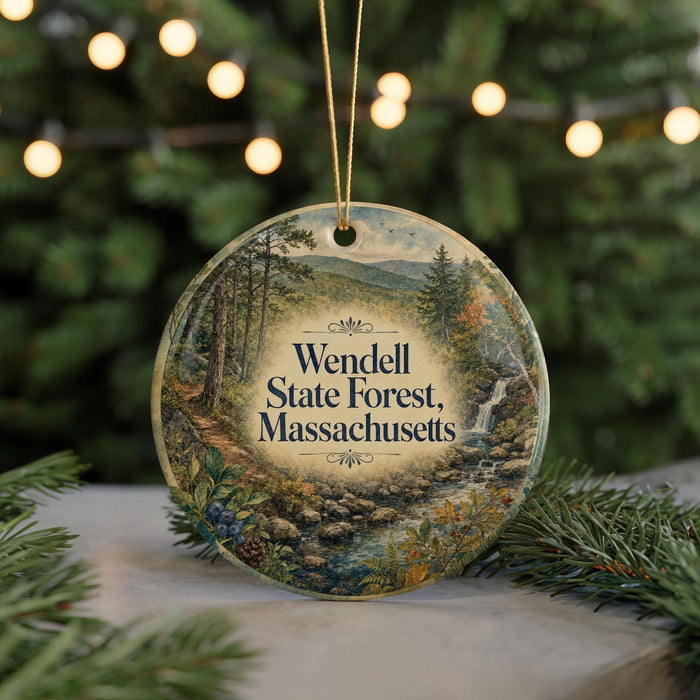 A round ornament with a scenic forest landscape and text that reads "Wendell State Forest, Massachusetts" is displayed against a blurred background of Christmas lights.