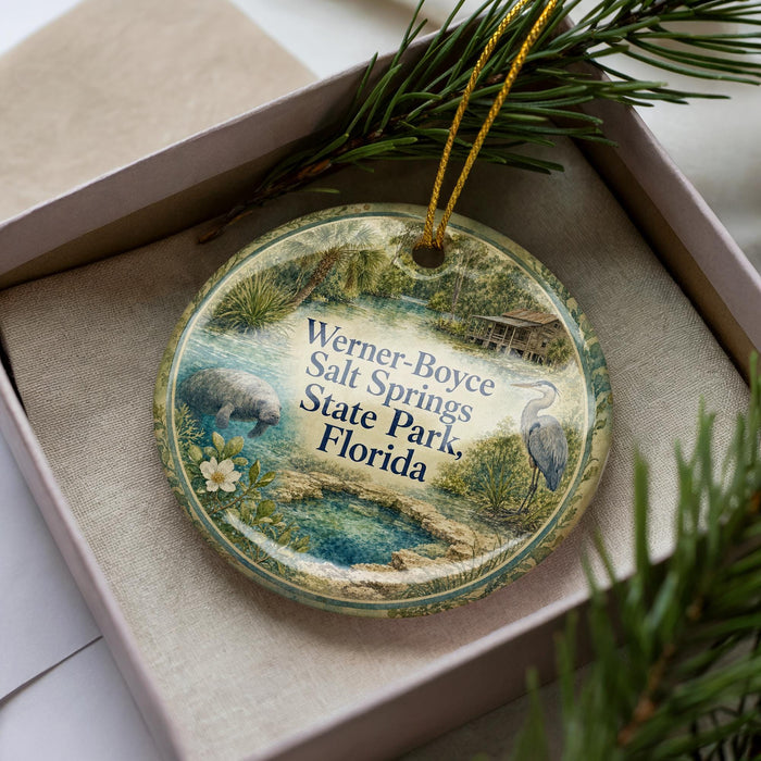 A round ornament with a scenic image of a pond and wildlife, including a beaver and a crane, is displayed in a box with pine branches.