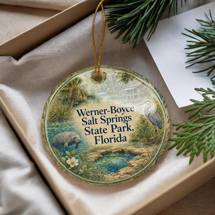 A round ornament with a scenic image of a pond and wildlife, including a bird, is displayed in a box with pine branches.
