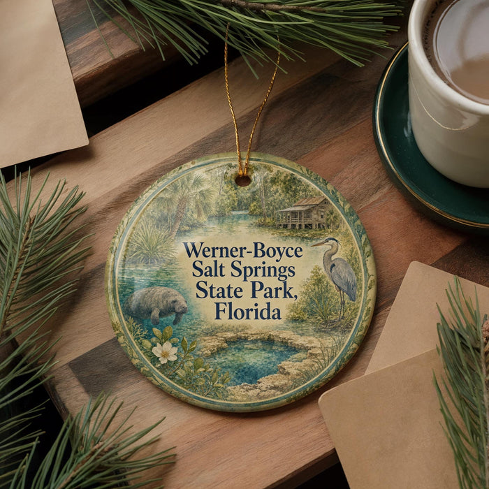 A round ornament with a painting of a pond and wildlife, including a heron, is displayed on a wooden surface.