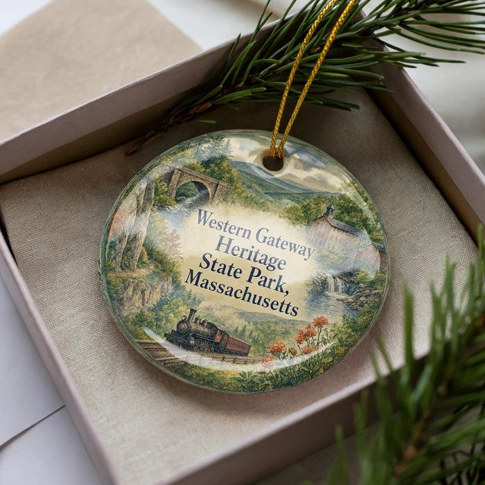 A decorative ornament with a scenic landscape of Western Gateway Heritage State Park in Massachusetts, featuring a train, a bridge, and a waterfall.