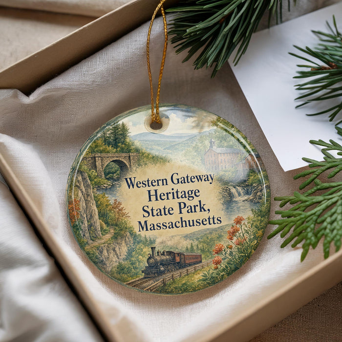 A decorative ornament with a scenic landscape featuring a train, a bridge, and a waterfall, placed in a box with pine branches.