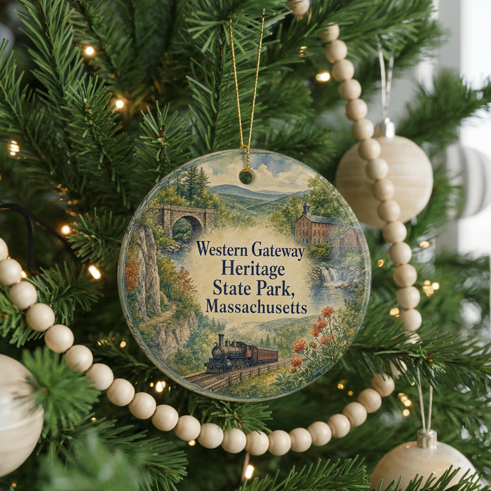 A Christmas tree ornament with a scenic image of a train and a bridge, surrounded by greenery and lights.