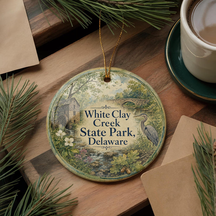 A decorative ornament with a scenic illustration of White Clay Creek State Park in Delaware, featuring a bird, flowers, and a house, is displayed on a wooden surface alongside a cup of coffee and some pine branches.
