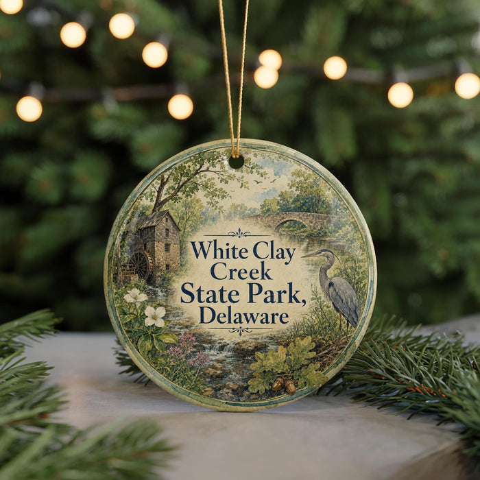 A round ornament with a scenic illustration of White Clay Creek State Park, Delaware, featuring a bird, a bridge, and a mill.