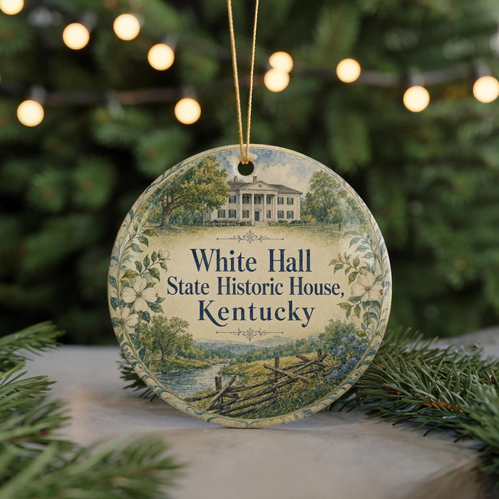 A decorative ornament featuring a house and trees, with the text "White Hall State Historic House, Kentucky" displayed on it.