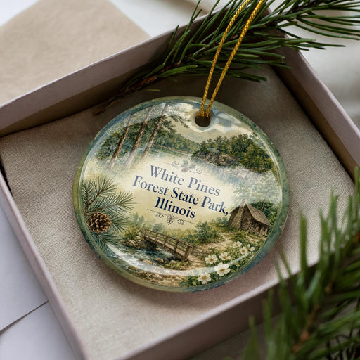 A decorative ornament in a box, featuring a scenic image of White Pines Forest State Park, Illinois.