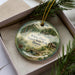 A decorative ornament in a box, featuring a scenic image of White Pines Forest State Park, Illinois.