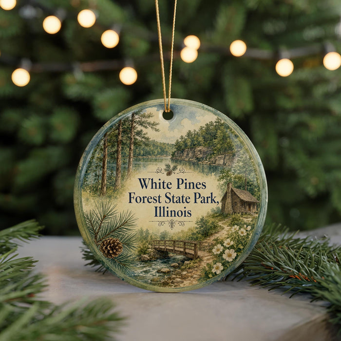 A round ornament with a scenic image of White Pines Forest State Park, Illinois, featuring a cabin, pine trees, and a lake.