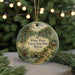 A round ornament with a scenic image of White Pines Forest State Park, Illinois, featuring a cabin, pine trees, and a lake.