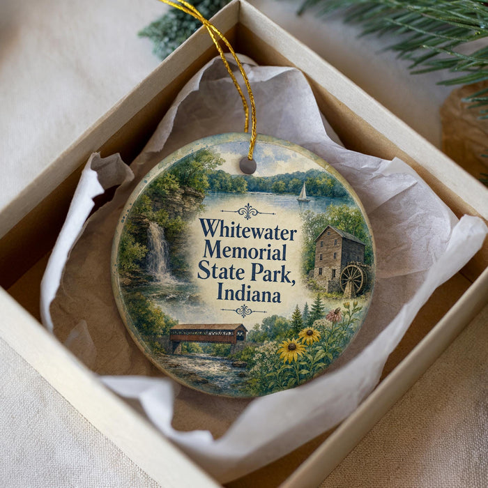 A decorative ornament in a white box, featuring a scenic landscape with a waterfall, a bridge, and a house, along with the text "Whewater Memorial State Park, Indiana".