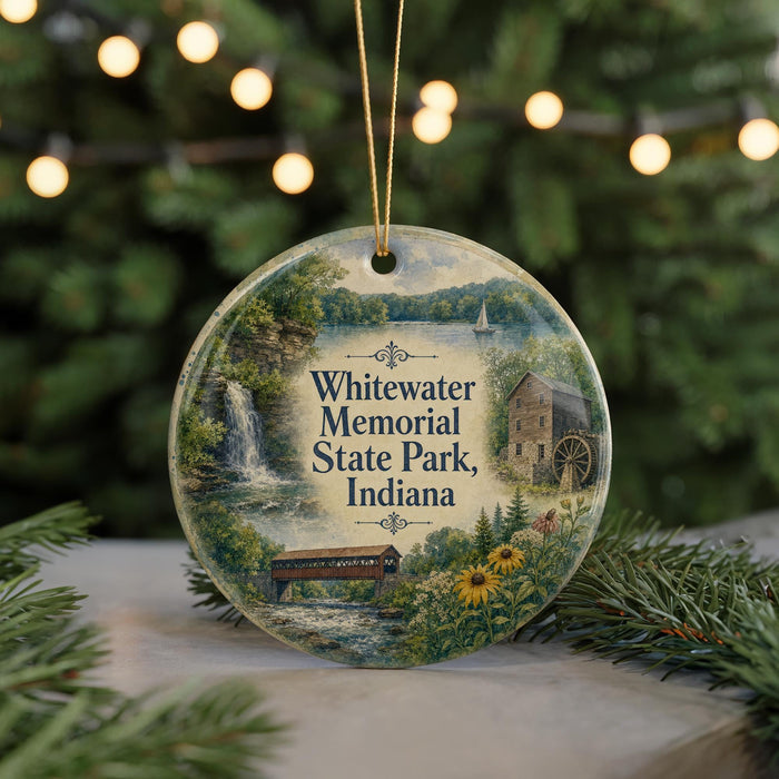 A decorative ornament featuring a scenic landscape with a waterfall, a bridge, and a barn, with the text "Whewater Memorial State Park, Indiana" prominently displayed.