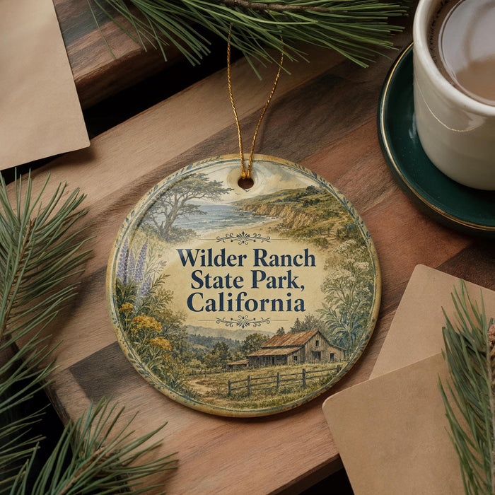 A decorative ornament with a scenic landscape of Wilder Ranch State Park, California, featuring a house and trees, is displayed on a wooden surface alongside a cup of coffee and some pine branches.