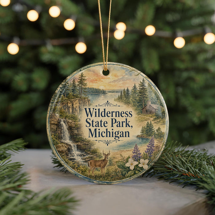 A round ornament with a scenic landscape of Wilderness State Park, Michigan, featuring a waterfall, pine trees, and a deer.
