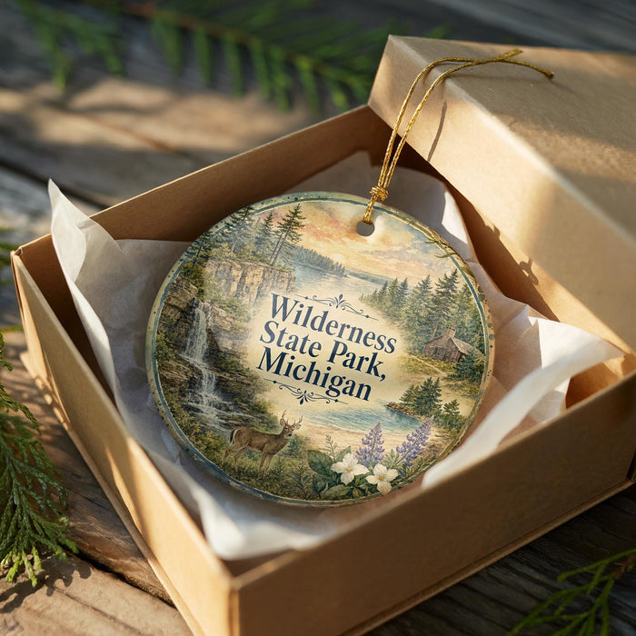 A decorative ornament in a wooden box, featuring a scenic landscape with a waterfall, pine trees, and a deer.