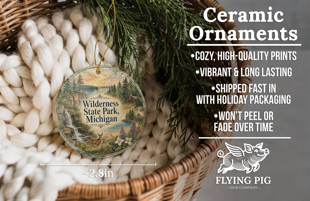 Ceramic ornaments, featuring a nature scene with a deer and a forest, are displayed in a woven basket.