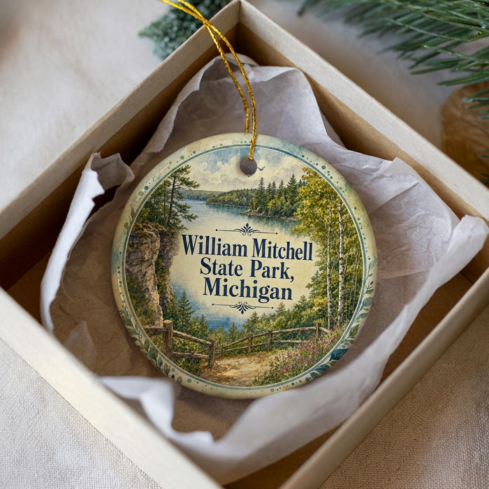 A decorative ornament in a box, featuring a scenic landscape with a river, trees, and a wooden fence.