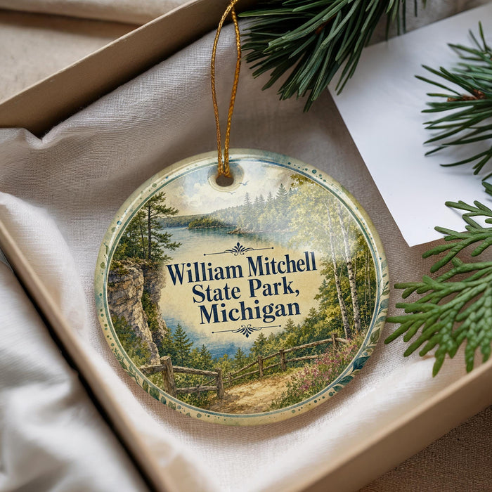 A round ornament with a scenic image of William Mitchell State Park, Michigan, hanging from a string.