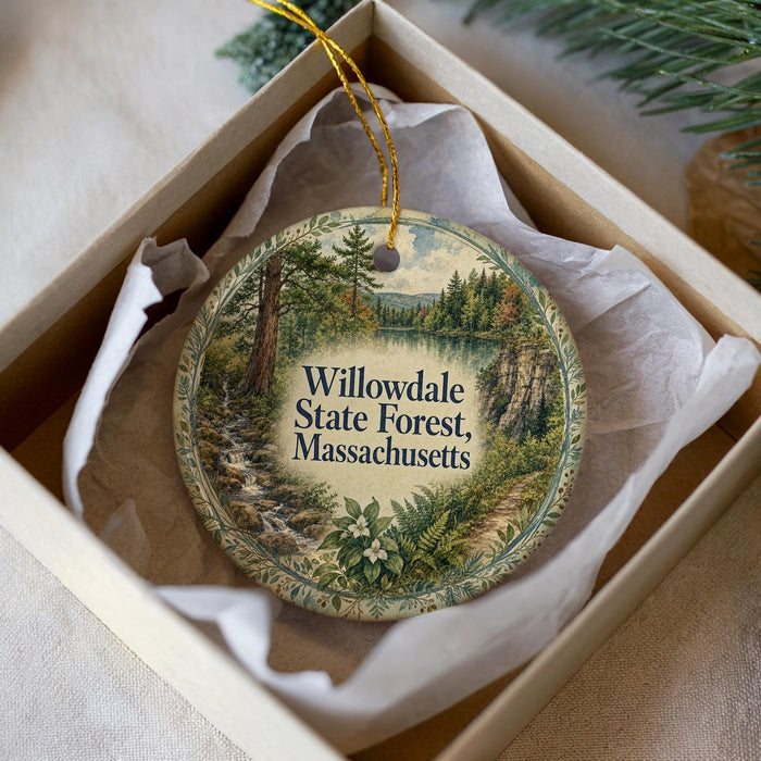 A decorative ornament in a box, featuring a scenic landscape with a forest and a lake.