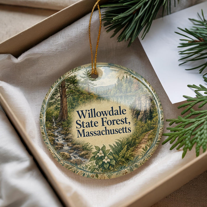 A decorative ornament with a forest scene and text, placed in a box with pine branches.