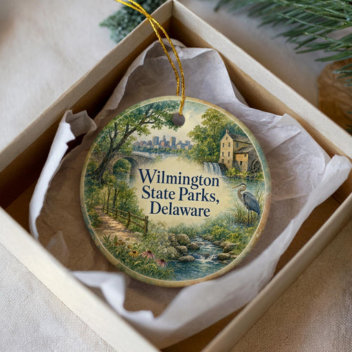 A decorative ornament in a white box, featuring a scenic landscape with a river, trees, and a bird.