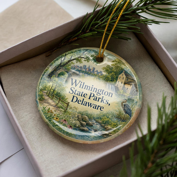 A decorative ornament in a box, featuring a scenic landscape with a river, trees, and a bird, along with the text "Wilmington State Parks, Delaware".