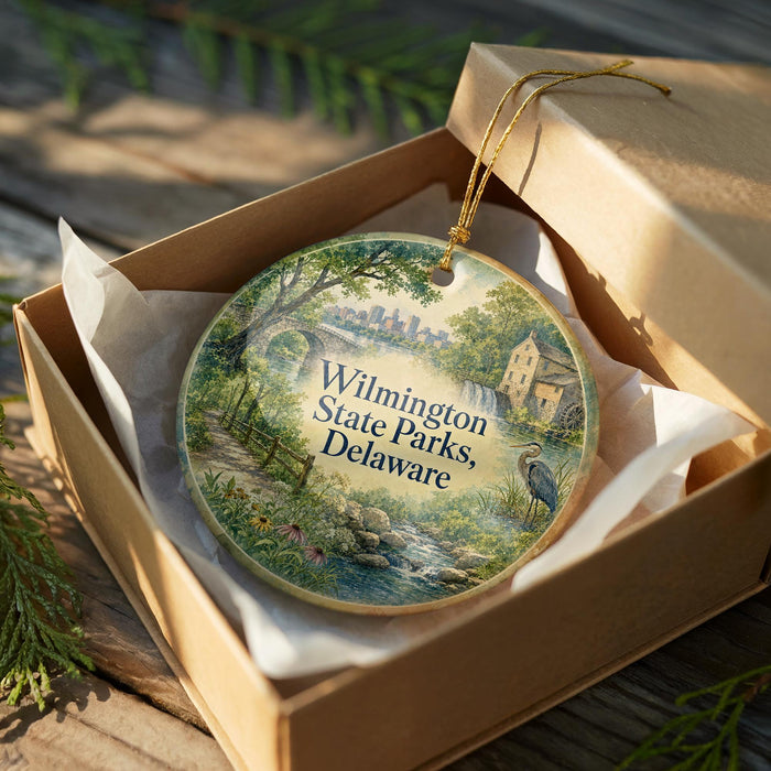 A decorative ornament in a brown box, featuring a scenic landscape with a river, trees, and a bird, along with the text "Wilmington State Parks, Delaware".