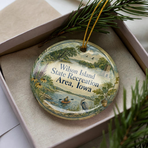 A decorative ornament with a scenic landscape and text, placed in a box with pine branches.