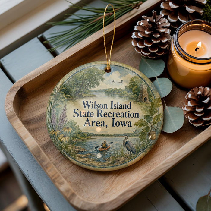 A wooden tray with a decorative ornament featuring a scenic landscape of Wilson Island, Iowa, and a candle on a table.