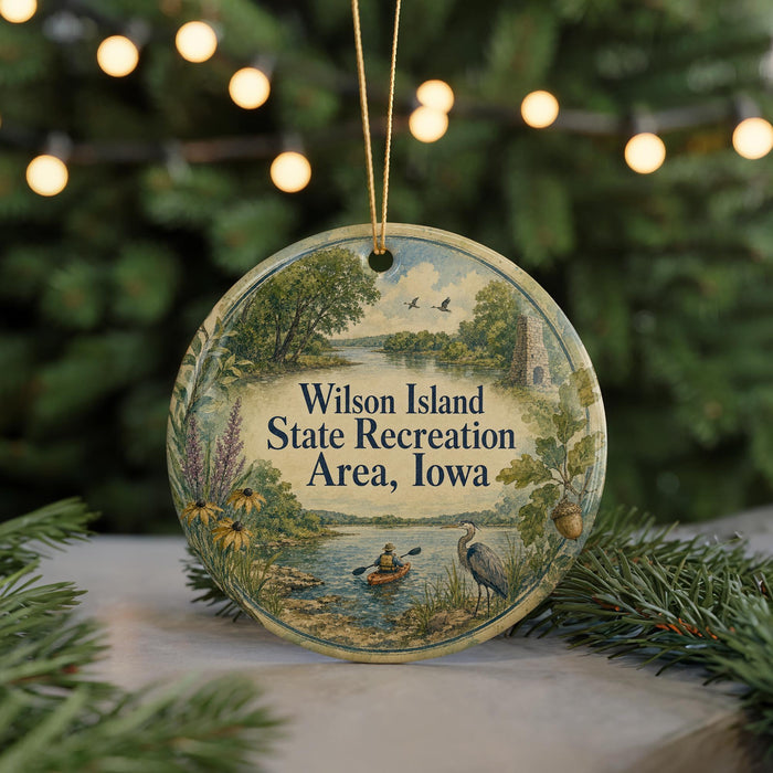 A round ornament with a scenic landscape and text, hanging on a string.
