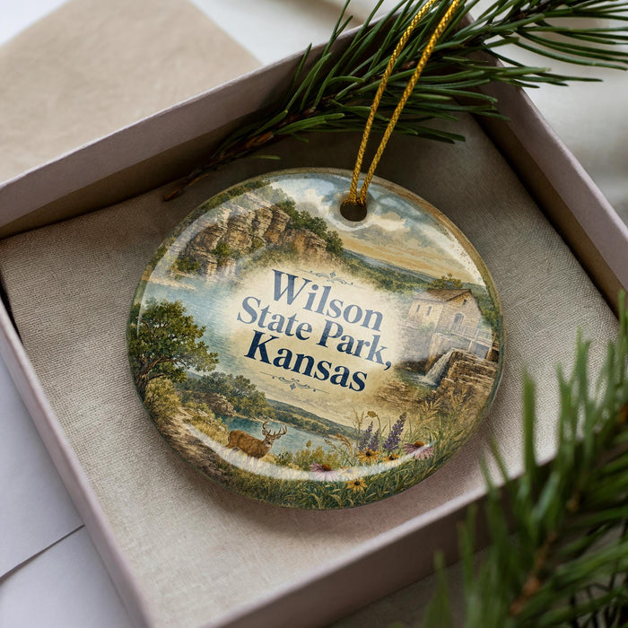 A decorative ornament with a scenic landscape of Wilson State Park, Kansas, displayed in a box with pine branches.