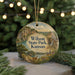 A round ornament with a scenic landscape of Wilson State Park, Kansas, featuring a deer, a waterfall, and a path leading to a house.