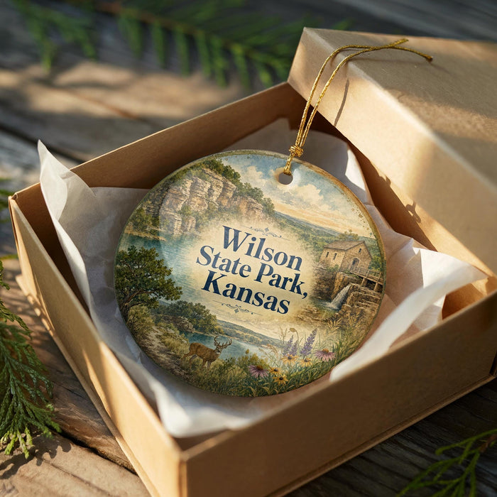 A decorative ornament in a box, featuring a scenic landscape with a river, mountains, and wildlife.