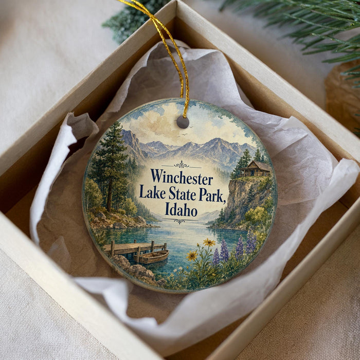 A decorative ornament in a box, featuring a scenic landscape with mountains, a lake, and a dock.