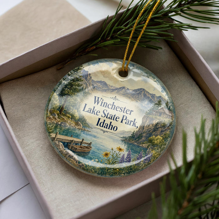 A decorative ornament featuring a scenic landscape of Winchester Lake State Park in Idaho, with a boat on the lake and mountains in the background.