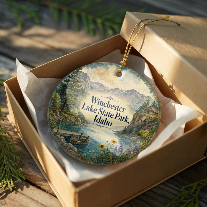 A decorative ornament in a box, featuring a scenic landscape of Winchester Lake State Park, Idaho.