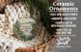 Ceramic ornaments, featuring a scenic lake park in Idaho, are displayed in a basket with pine branches. The ornaments are described as cozy, high-quality prints, vibrant, and long-lasting, and are shipped fast in holiday packaging. They are not to be peeled or faded over time.
