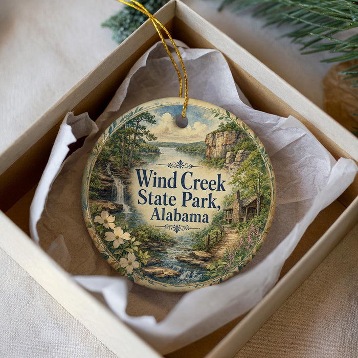 A decorative ornament in a box, featuring a scenic landscape with a waterfall and a cabin, with the text "Wind Creek State Park, Alabama" printed on it.