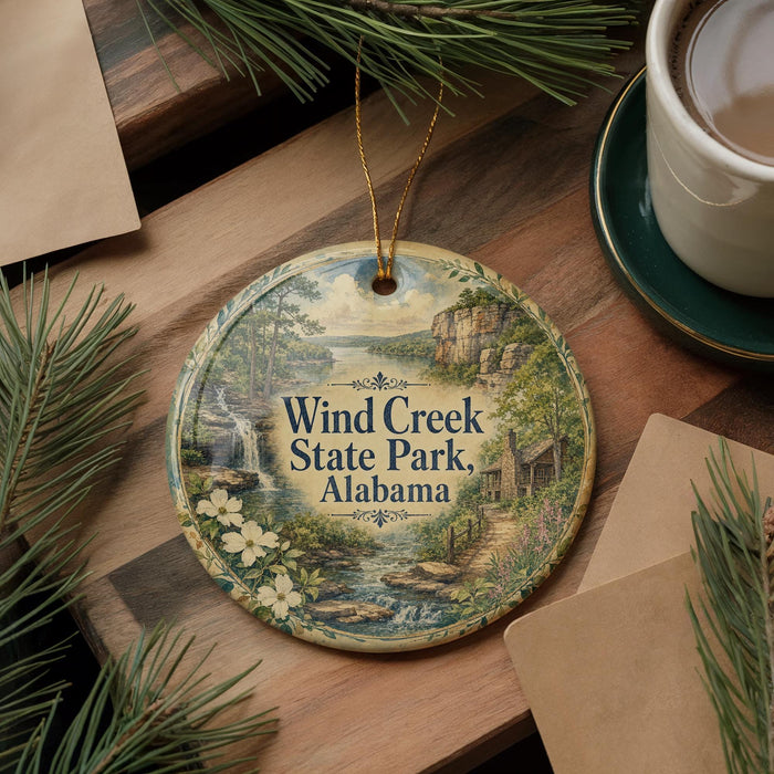 A decorative ornament featuring a scenic landscape of Wind Creek State Park in Alabama, with pine branches and a cup of coffee nearby.