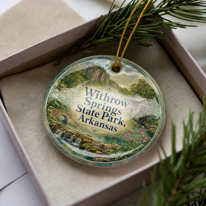 A decorative ornament with a scenic landscape of springs and a waterfall, placed in a box with pine branches.